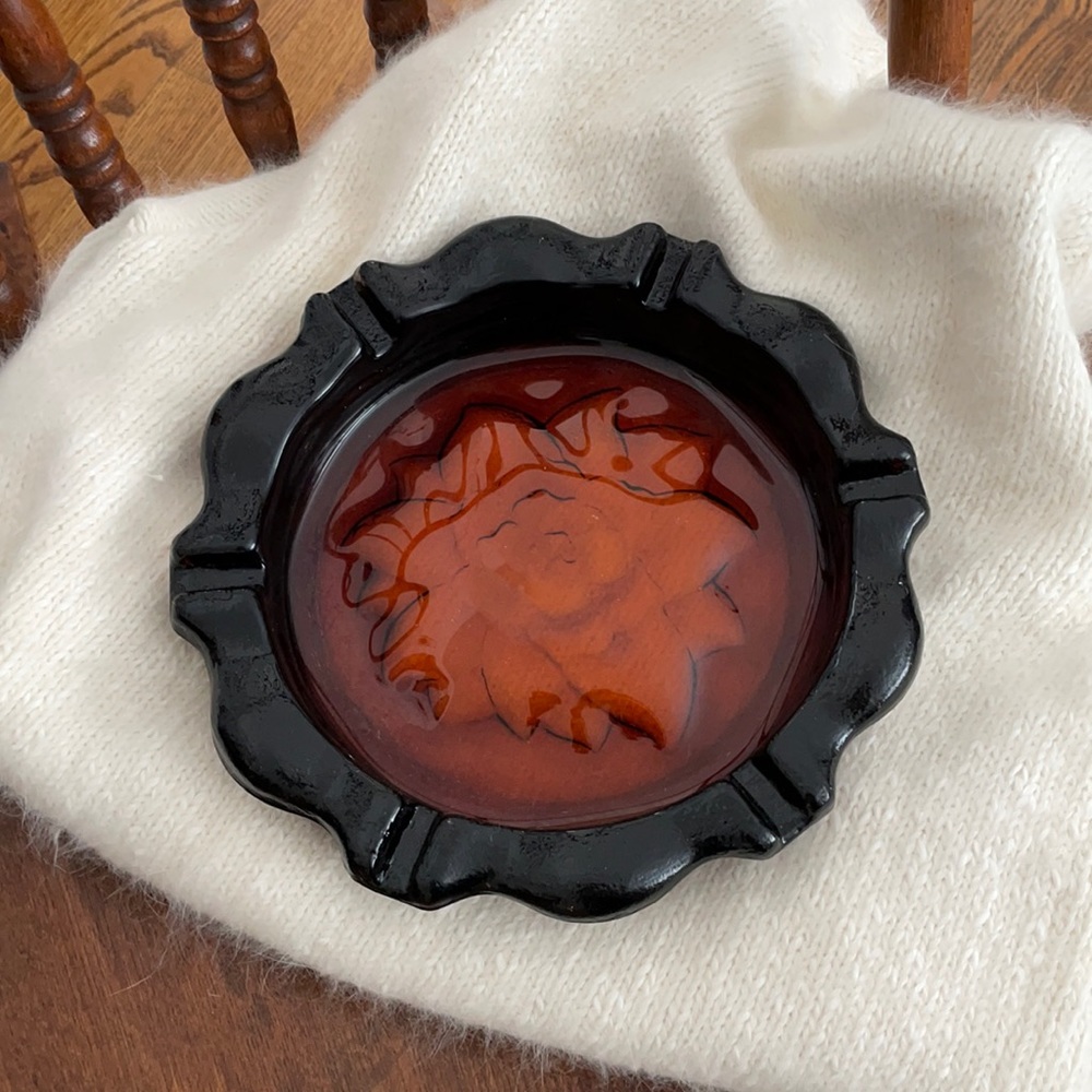 Vintage Amber Ashtray with Flower